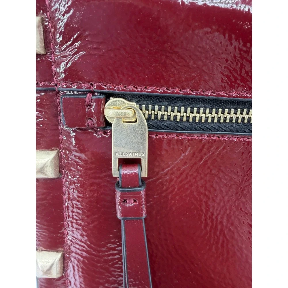 AllSaints Alex Clutch Bag Oxblood Red Patent Studded Leather Womens (No Strap)